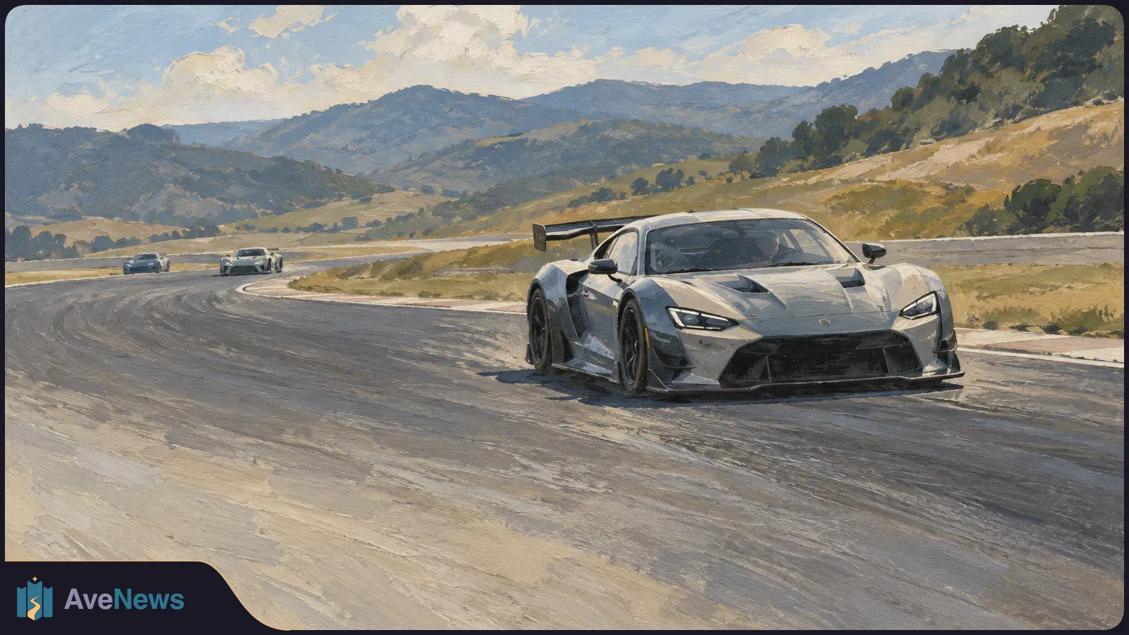 Painterly illustration of a silver race car on a curving track, with two cars behind it and grassy hills and mountains under a cloudy sky. SI illustration