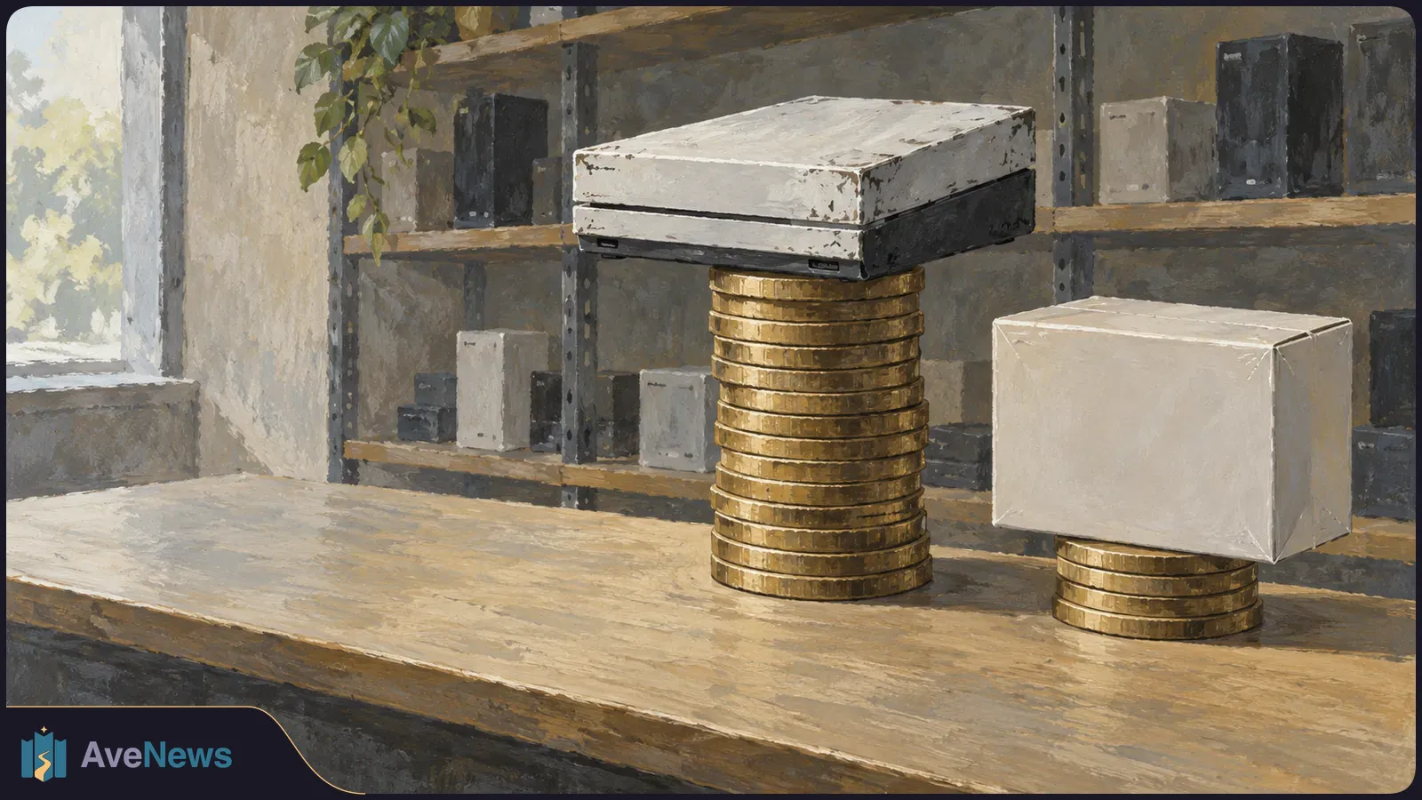 A painted scene shows a white-and-black game console on a tall stack of gold coins beside a plain box on a shorter stack, with shelves behind them. SI illustration