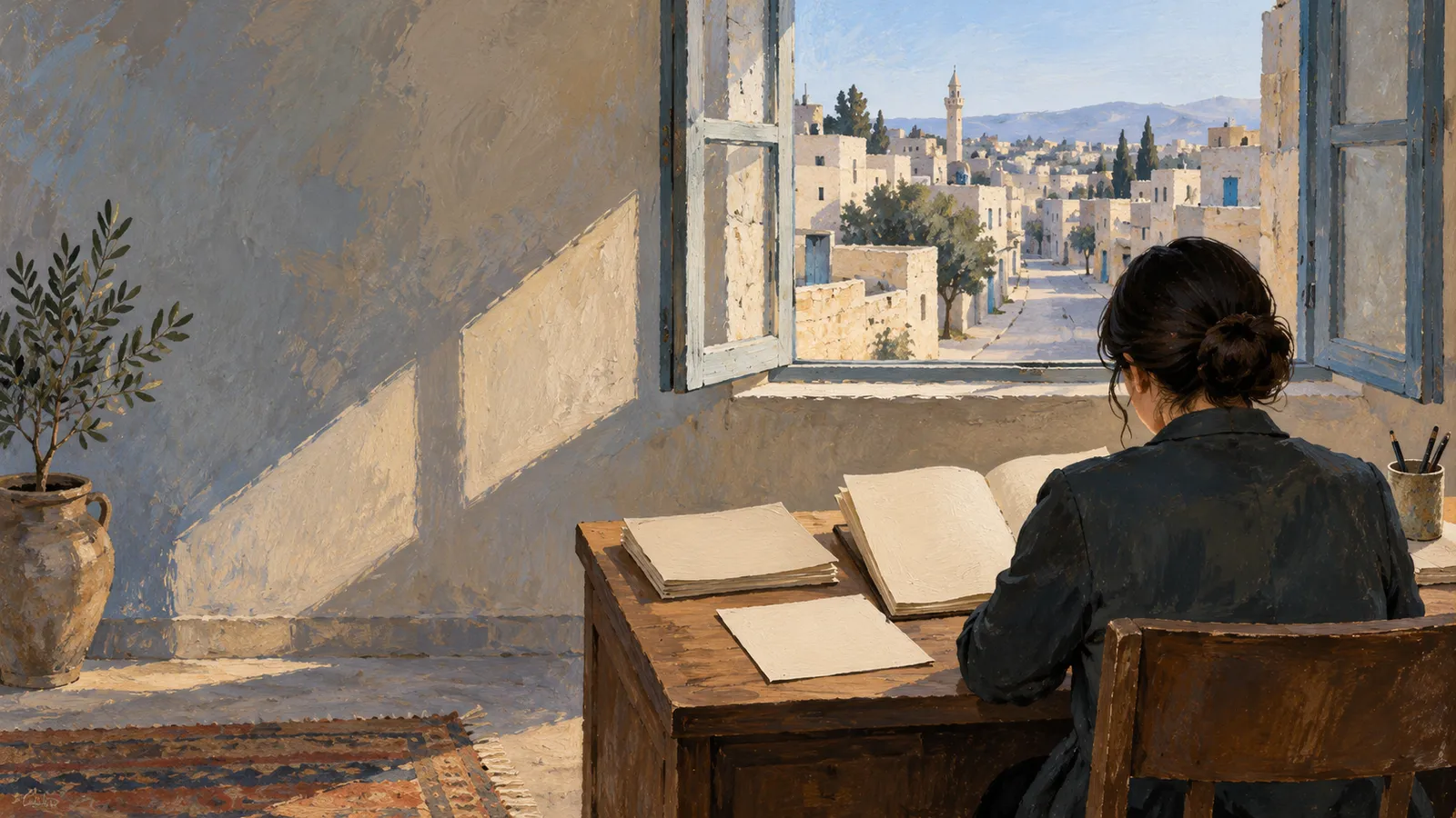 A painted scene of a woman seated at a desk with papers and an open book, facing a window overlooking a sunlit town. SI illustration
