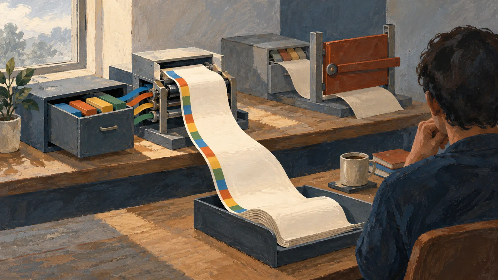 Painted scene of a person seated beside two machines feeding long paper sheets; one sheet has a multicolored stripe along its edge. SI illustration