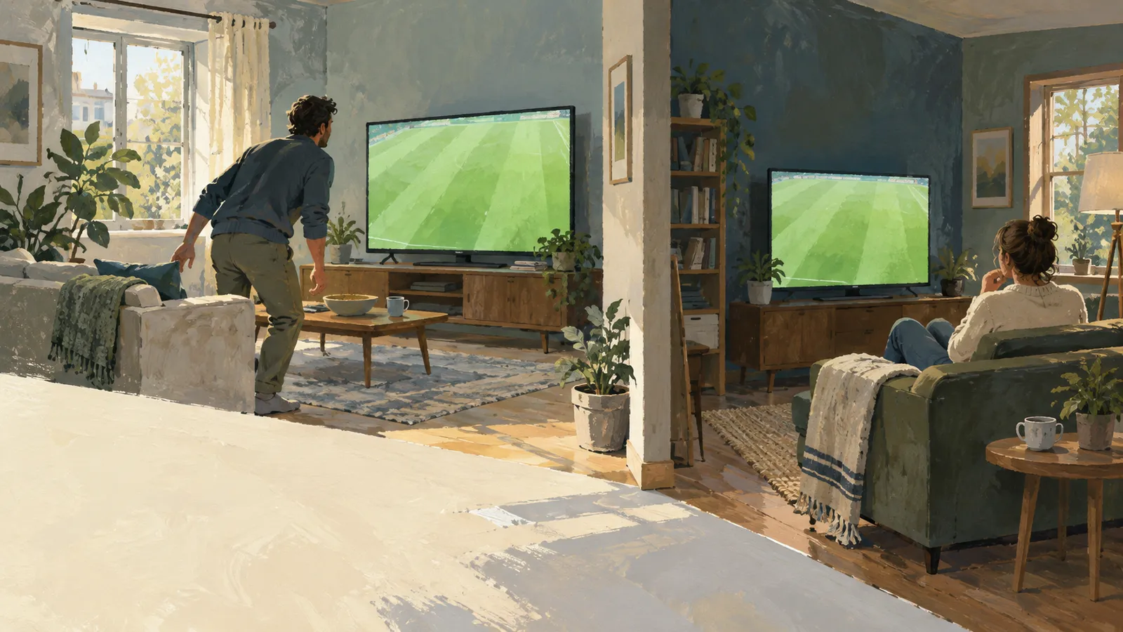 Illustration of a man and a seated woman in adjoining living rooms, each facing a television showing a green soccer field. SI illustration