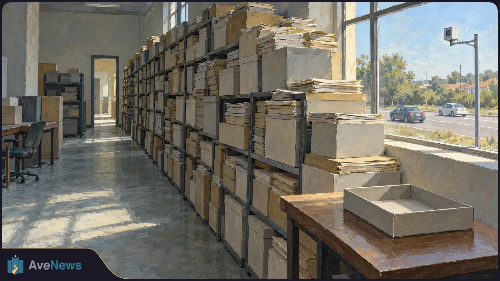 A painted room lined with shelves of file boxes and paper stacks. Through the windows, cars pass a roadside camera. SI illustration
