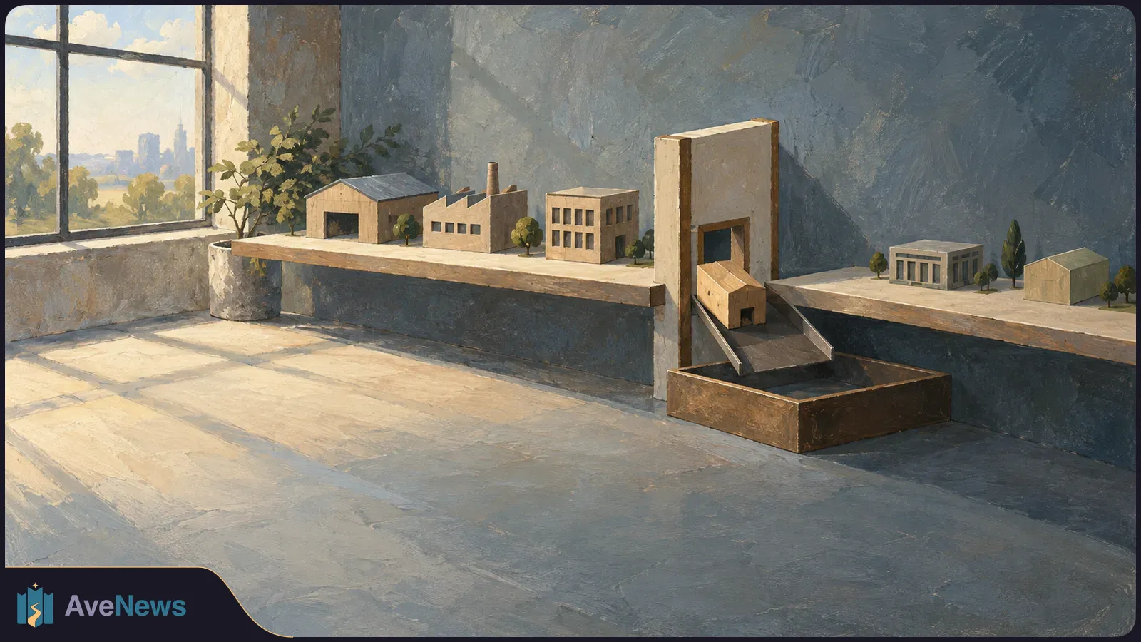 Painted scene of miniature buildings on two shelves, with a small house at the center of a narrow doorway and sloping chute. A sunlit window and potted plant are at left. SI illustration