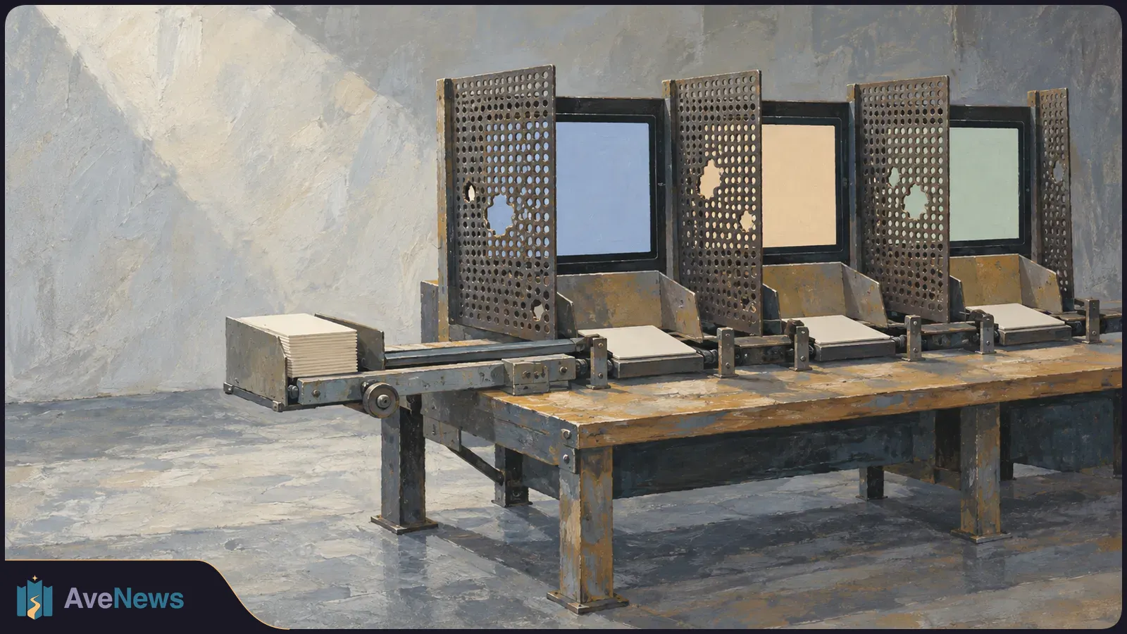 Painted illustration of a machine with blank screens behind perforated metal panels. Blank sheets sit on its worktable, with a stack of paper at the left. SI illustration
