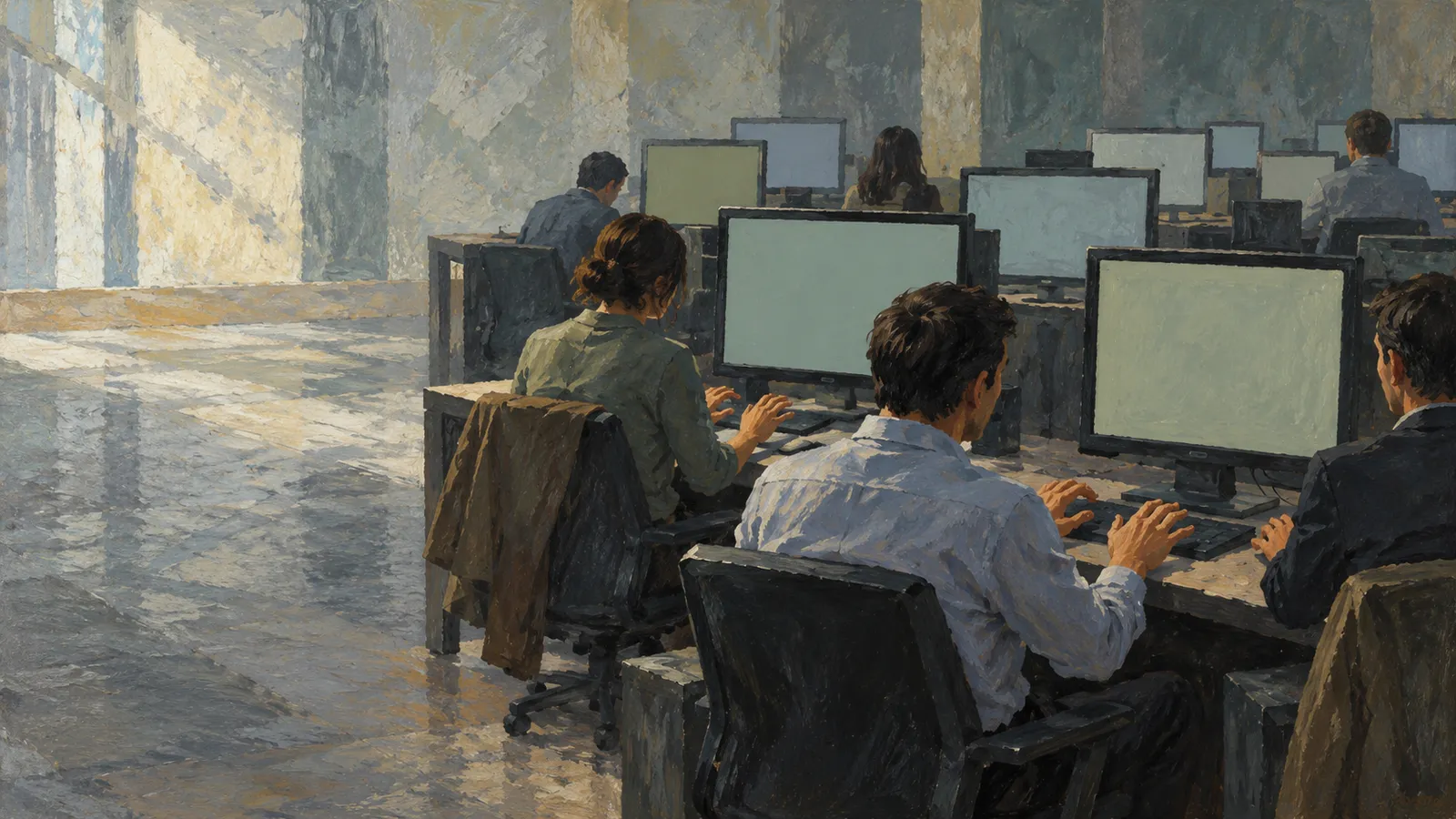 A painterly illustration of people seated at rows of computers with blank screens in a sunlit room. SI illustration