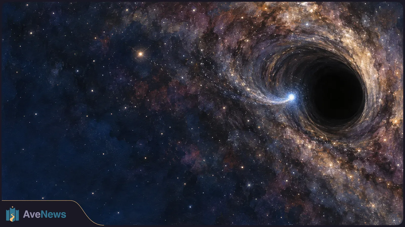 A bright blue-white star follows a curved trail beside a dark circular void, surrounded by swirling gold and violet clouds and a starfield. SI illustration