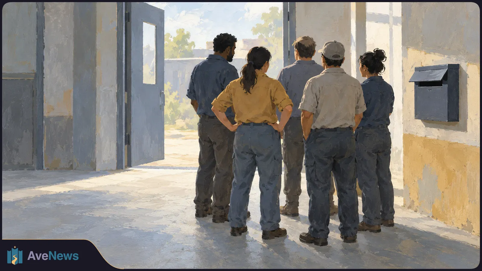 Illustration of five workers seen from behind in a sunlit hallway, facing an open door; a dark wall-mounted box is on the right. SI illustration