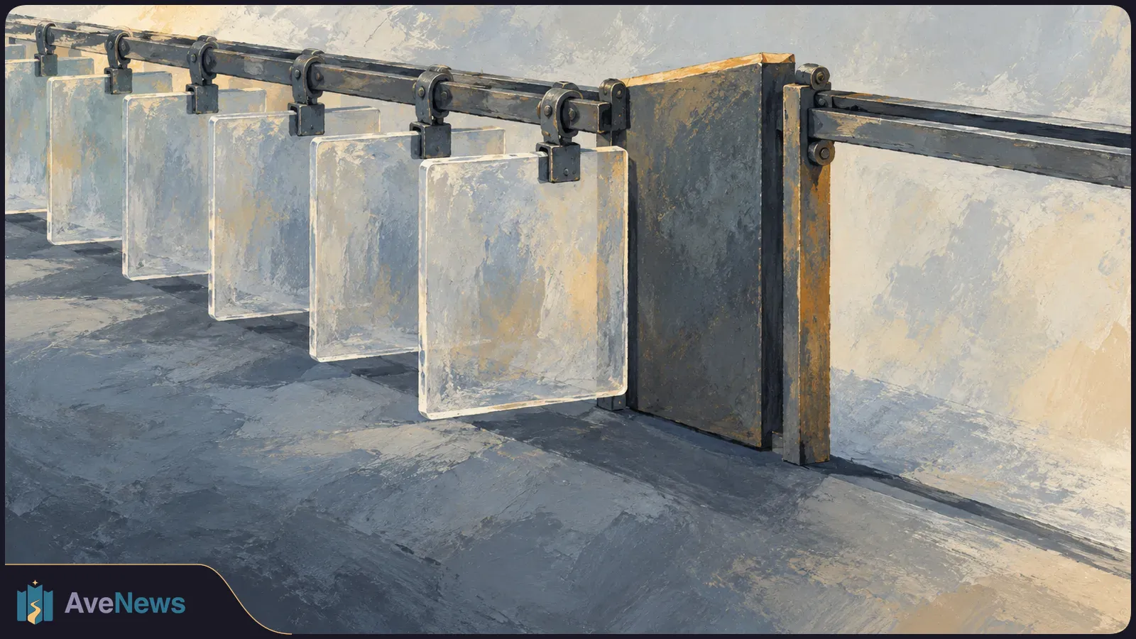 Painterly illustration of blank rectangular panels hanging from a metal rail beside a large dark panel, against a pale wall. SI illustration