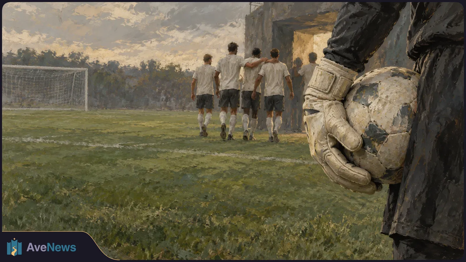 Painted football scene: a gloved goalkeeper holds a ball in the foreground while players in white shirts walk toward a tunnel; a goal stands across the pitch. SI illustration