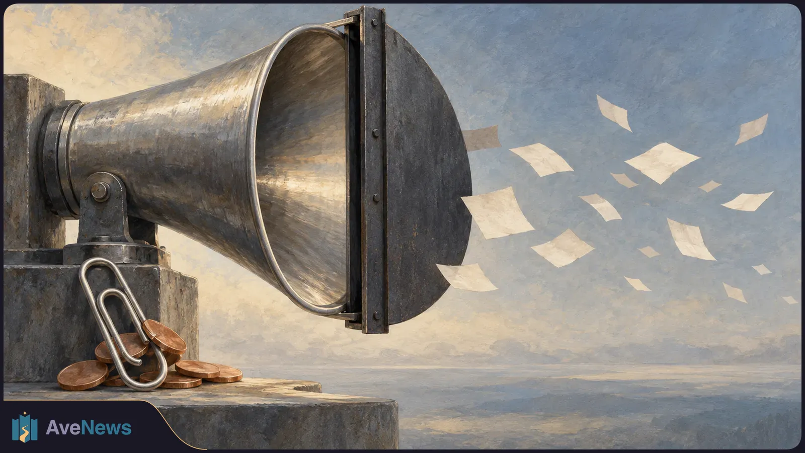 Blank sheets drift past a large metal megaphone; a paperclip and coins rest on the stone ledge below, against a cloudy sky. SI illustration