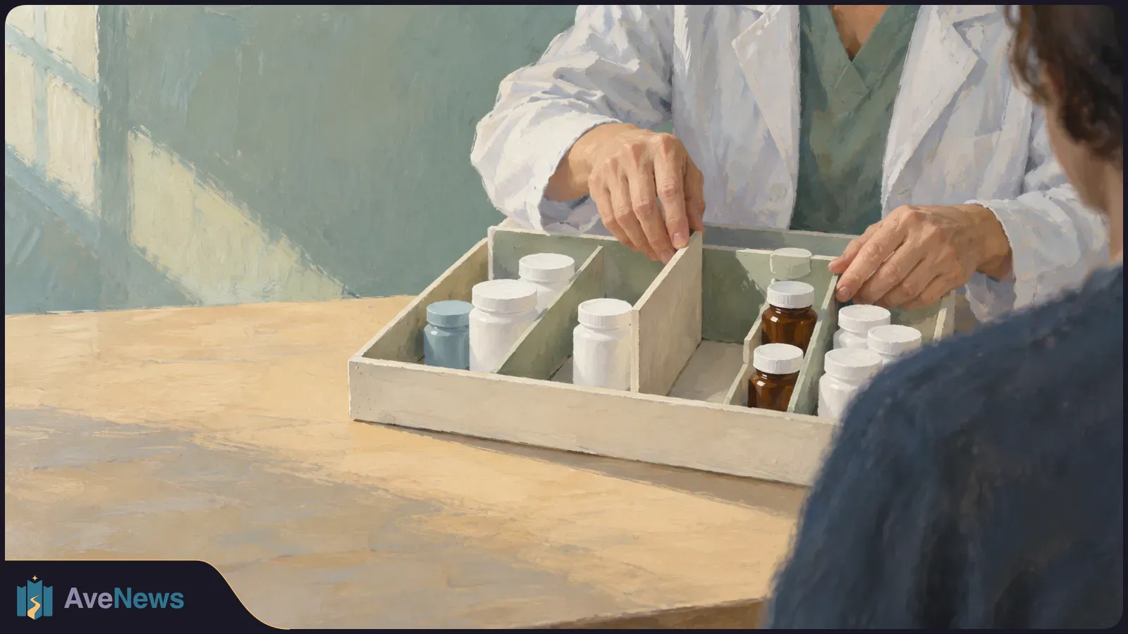 Painterly illustration of a person in a white coat gesturing over a divided tray of medicine bottles across a table from another person. SI illustration