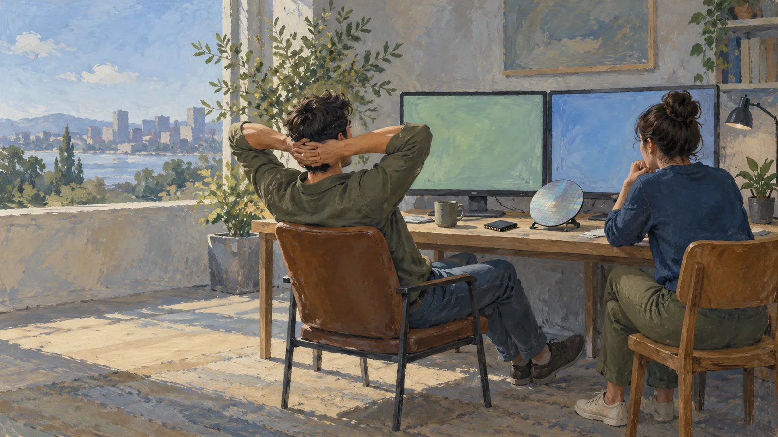 Painterly illustration of two people seated at a desk with two blank monitors and a reflective disc, beside a window overlooking water and a distant city. SI illustration