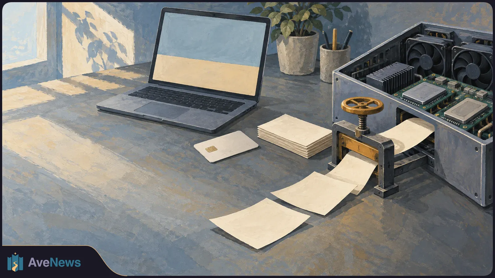 Painted illustration of a blank-screen laptop, a chip card and stacked papers beside an open machine with processors and fans feeding out blank sheets. SI illustration