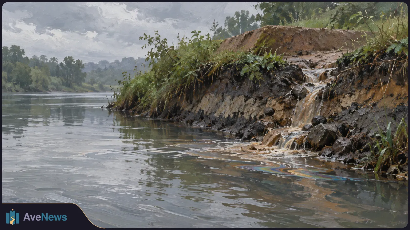 Under a cloudy sky, muddy water spills from an eroded bank into a creek with a rainbow-colored sheen on its surface. SI illustration