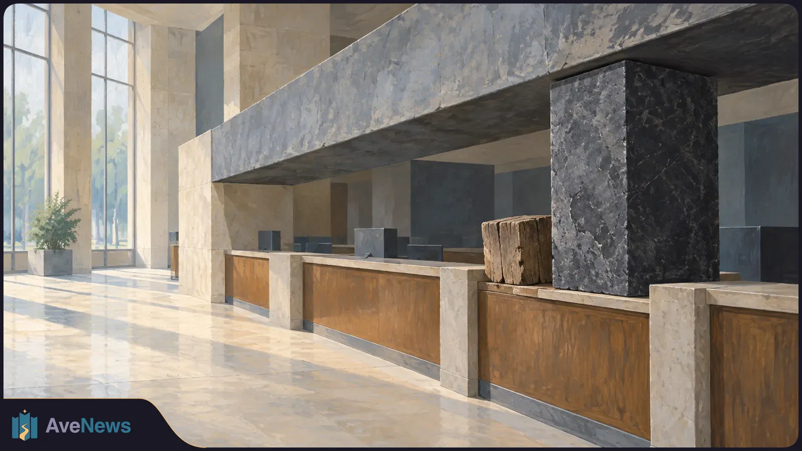 An empty, sunlit hall with tall windows, a polished floor, wood-fronted counters and a dark stone column. SI illustration