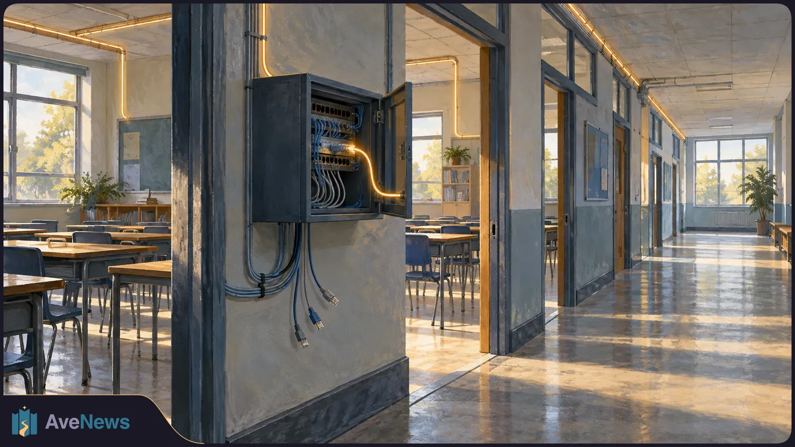 An open network cabinet with hanging cables is mounted in a sunlit school corridor beside empty classrooms. SI illustration