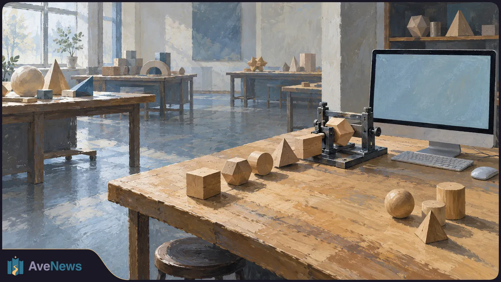 Painterly room with wooden geometric solids on worktables and a blank computer screen beside a small mechanical frame. SI illustration