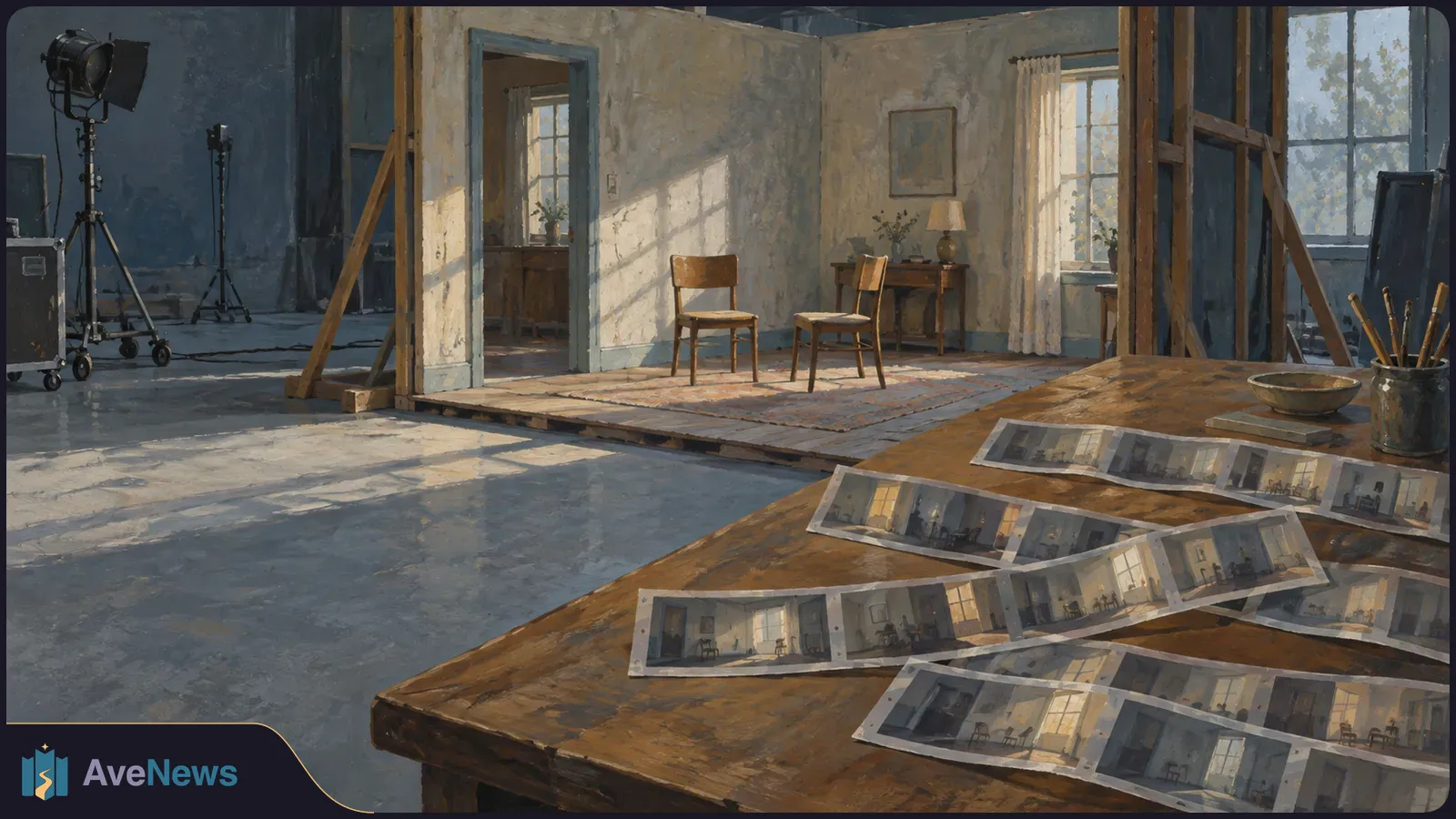 Painted film studio with an open room set, two wooden chairs, exposed supports and studio lights; strips of scene images lie across a table in the foreground. SI illustration