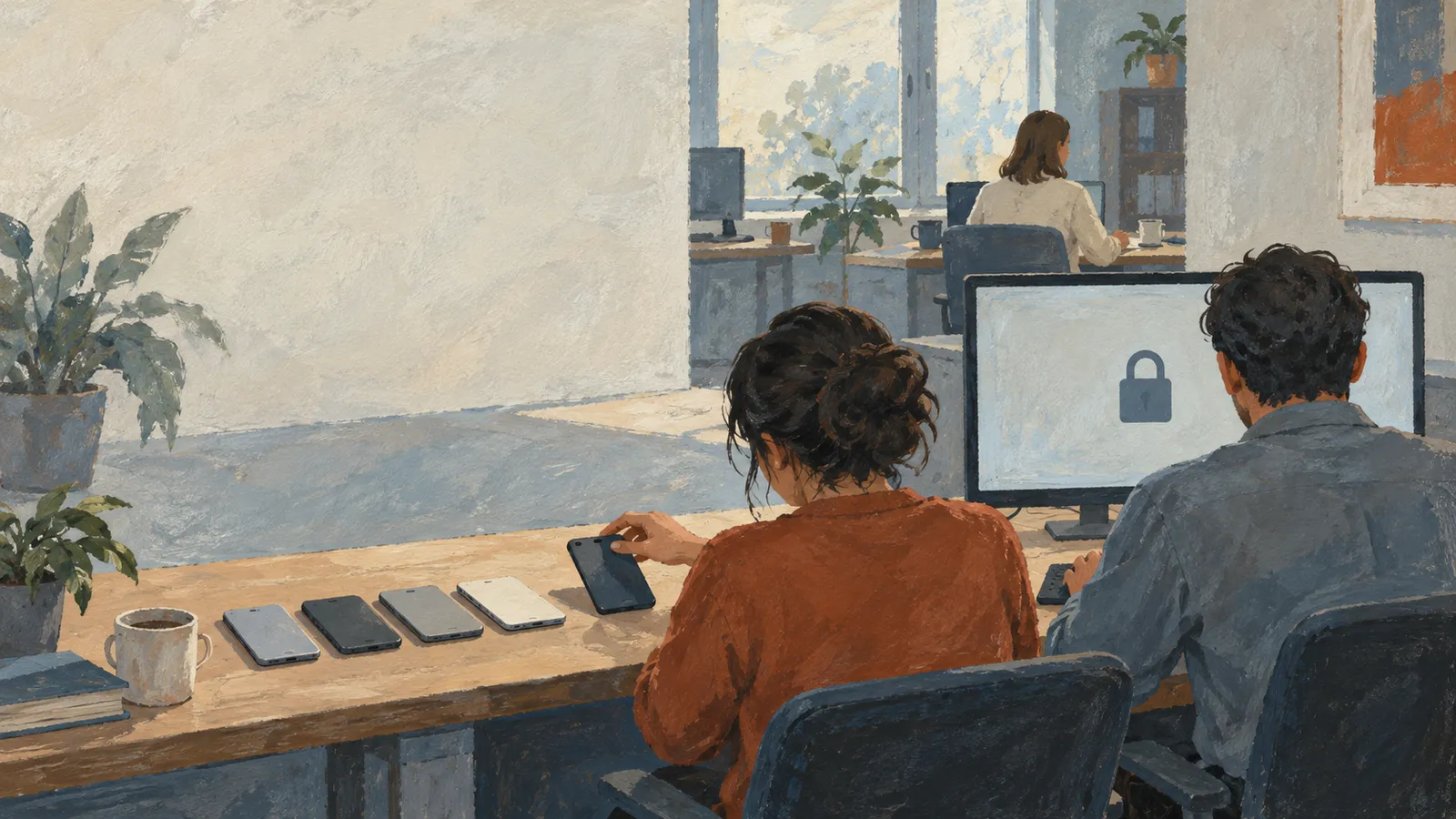 Painted office scene with two people at a desk, several phones lined up beside them, and a closed padlock symbol on a monitor; another person sits at a desk in the background. SI illustration