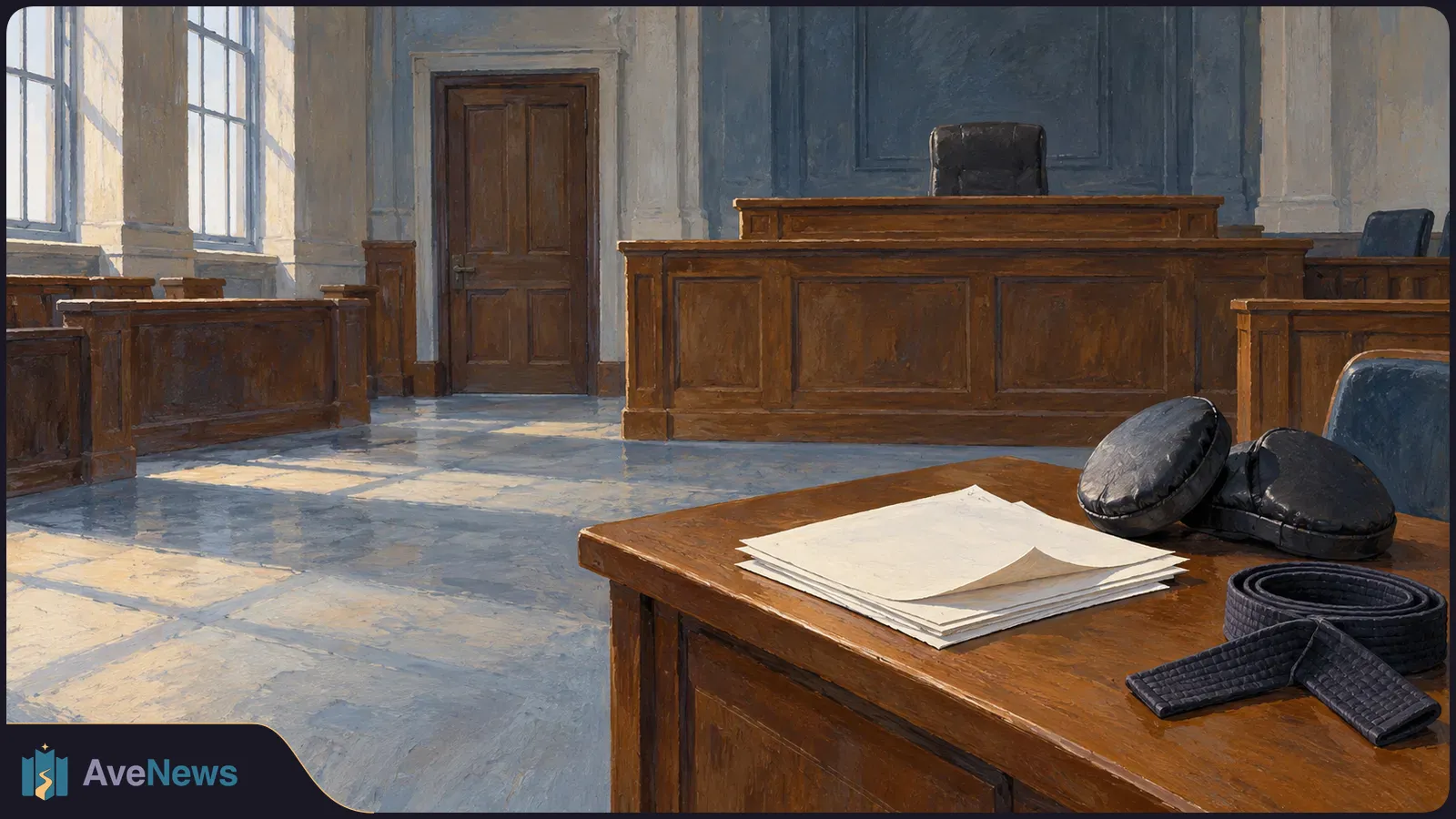 Painted empty courtroom with a judge’s bench. Blank papers, black sparring pads and a coiled martial-arts belt sit on a wooden table. SI illustration