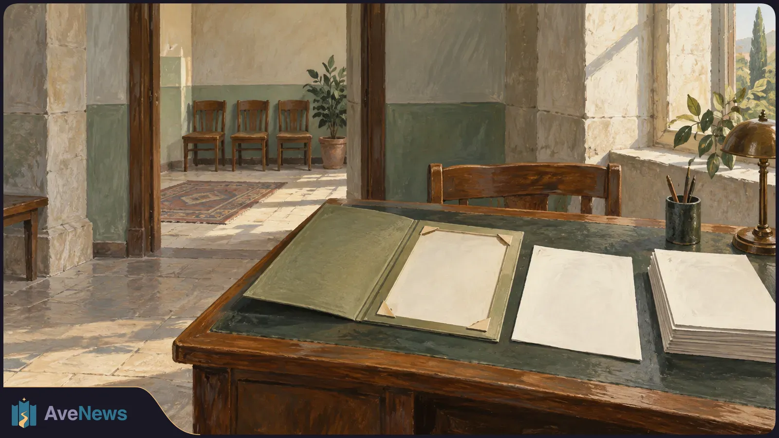 Painted interior with a wooden desk holding blank papers and an open folder; empty chairs stand in a sunlit room beyond. SI illustration
