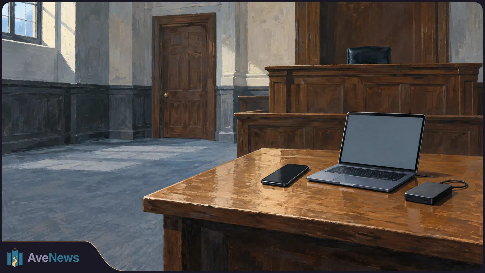 Painted empty courtroom with a blank-screen laptop, smartphone and external drive on a wooden table before the judge’s bench. SI illustration