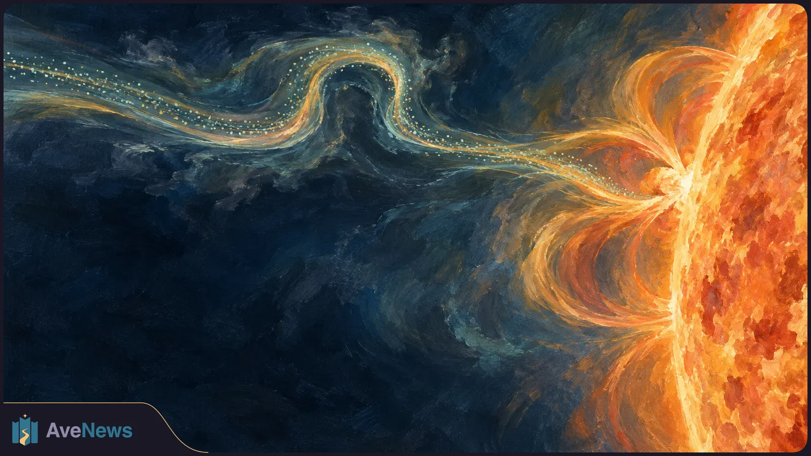 Painted view of the Sun at right, with glowing loops at its edge and a dotted stream sweeping left through a sharp bend against dark space. SI illustration