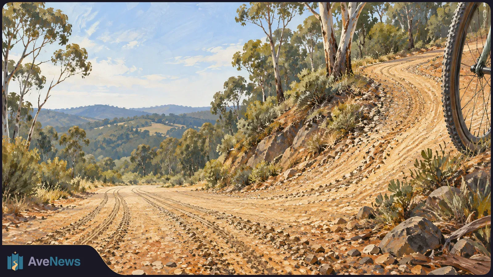 A painted gravel road winds through wooded hills, with part of a bicycle wheel visible at the right edge. SI illustration