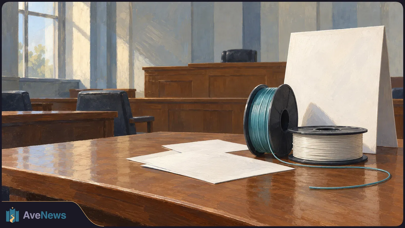Painterly courtroom scene with two spools of filament, blank sheets and a blank display board on a wooden table. SI illustration