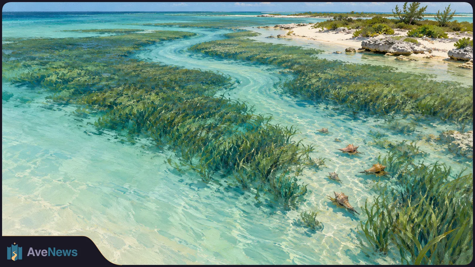 Painted coastal shallows with winding turquoise channels through seagrass beds, several conch shells, and a sandy, shrub-lined shore. SI illustration