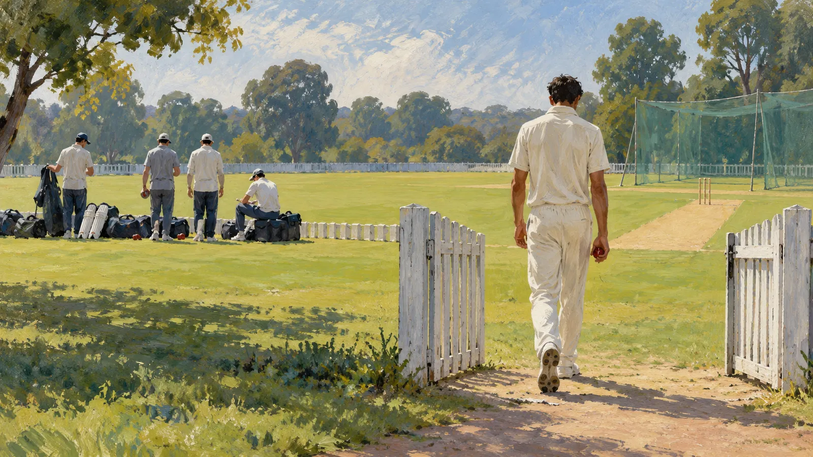 A painted scene of a cricketer holding a red ball and walking through a white gate onto a field, with players and kit bags to the left and practice nets beyond. SI illustration