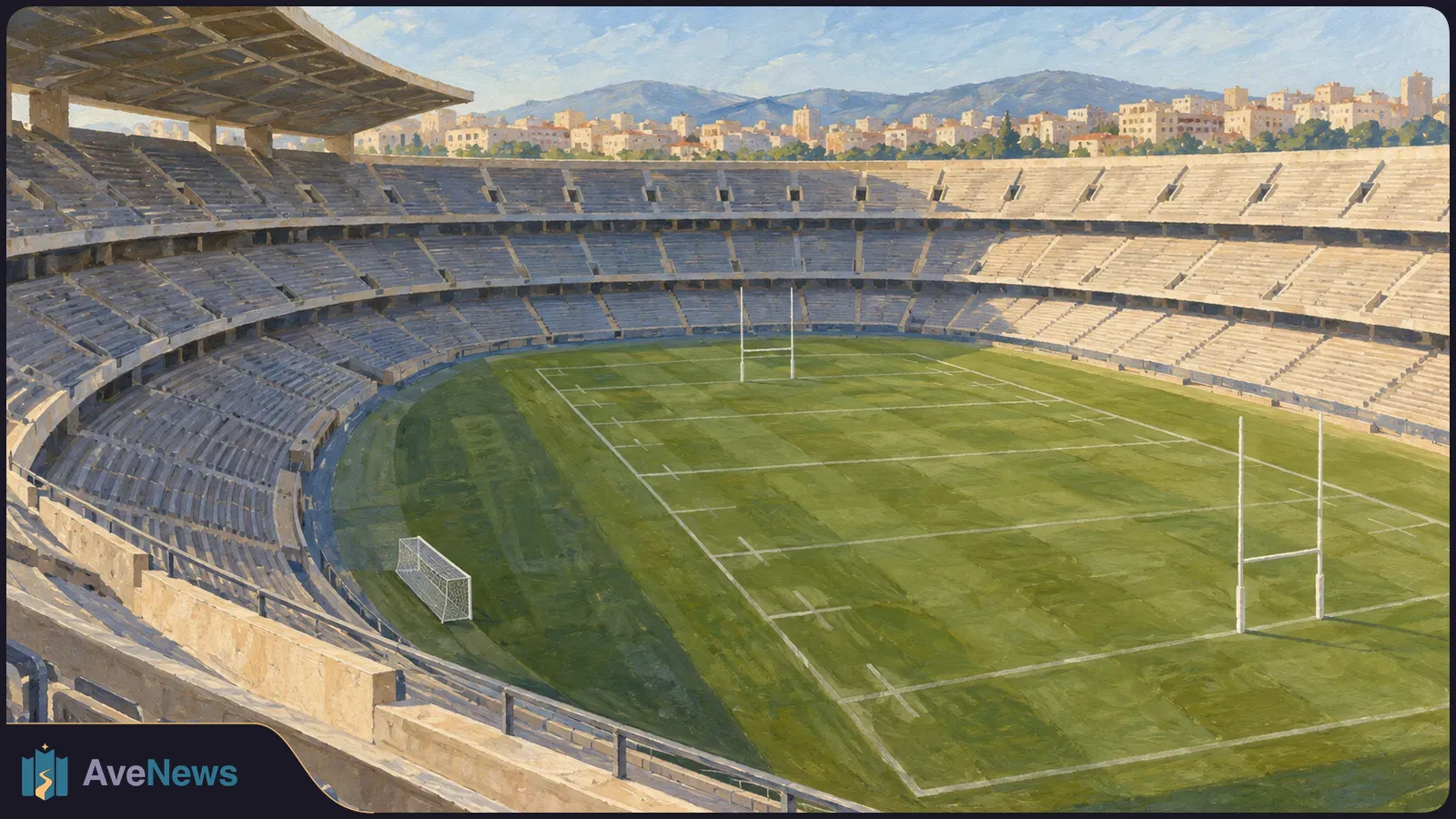 Painted view of an empty stadium with rugby goalposts, white field markings and a small soccer goal; a city and mountains rise beyond the stands. SI illustration