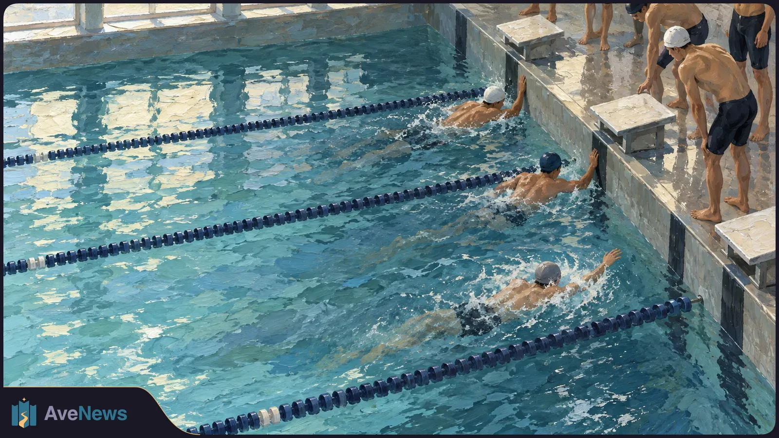 Painterly view of three swimmers reaching the wall of an indoor pool, with other swimmers and starting blocks on the deck beside them. SI illustration