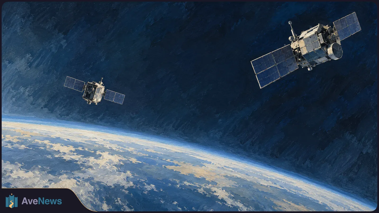 Painted view of two satellites with solar panels above the curved, cloud-covered Earth against a dark blue sky. SI illustration
