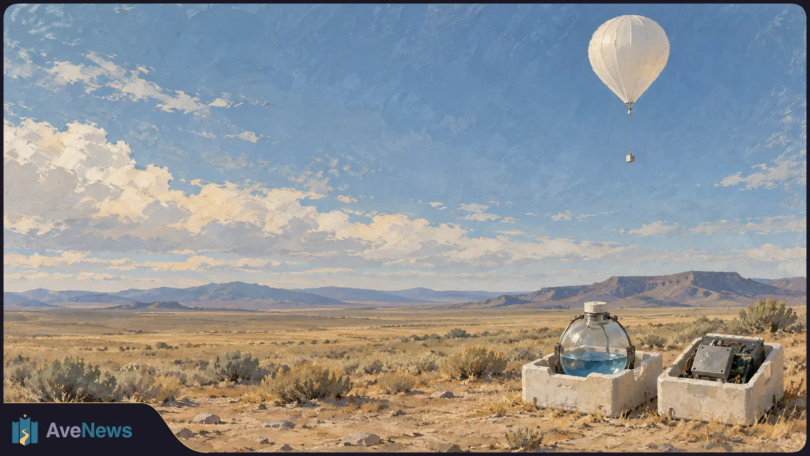 Painted desert landscape with a white balloon carrying a small box overhead. A glass vessel of blue liquid and a dark electronic unit sit in separate pale cradles in the foreground. SI illustration