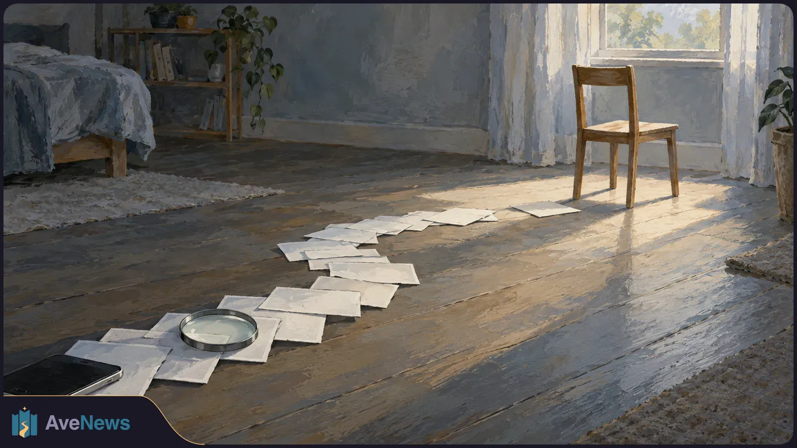 A painted bedroom with a bed, a chair by a sunlit window, and scattered papers across the wooden floor beside a phone and magnifying glass. SI illustration