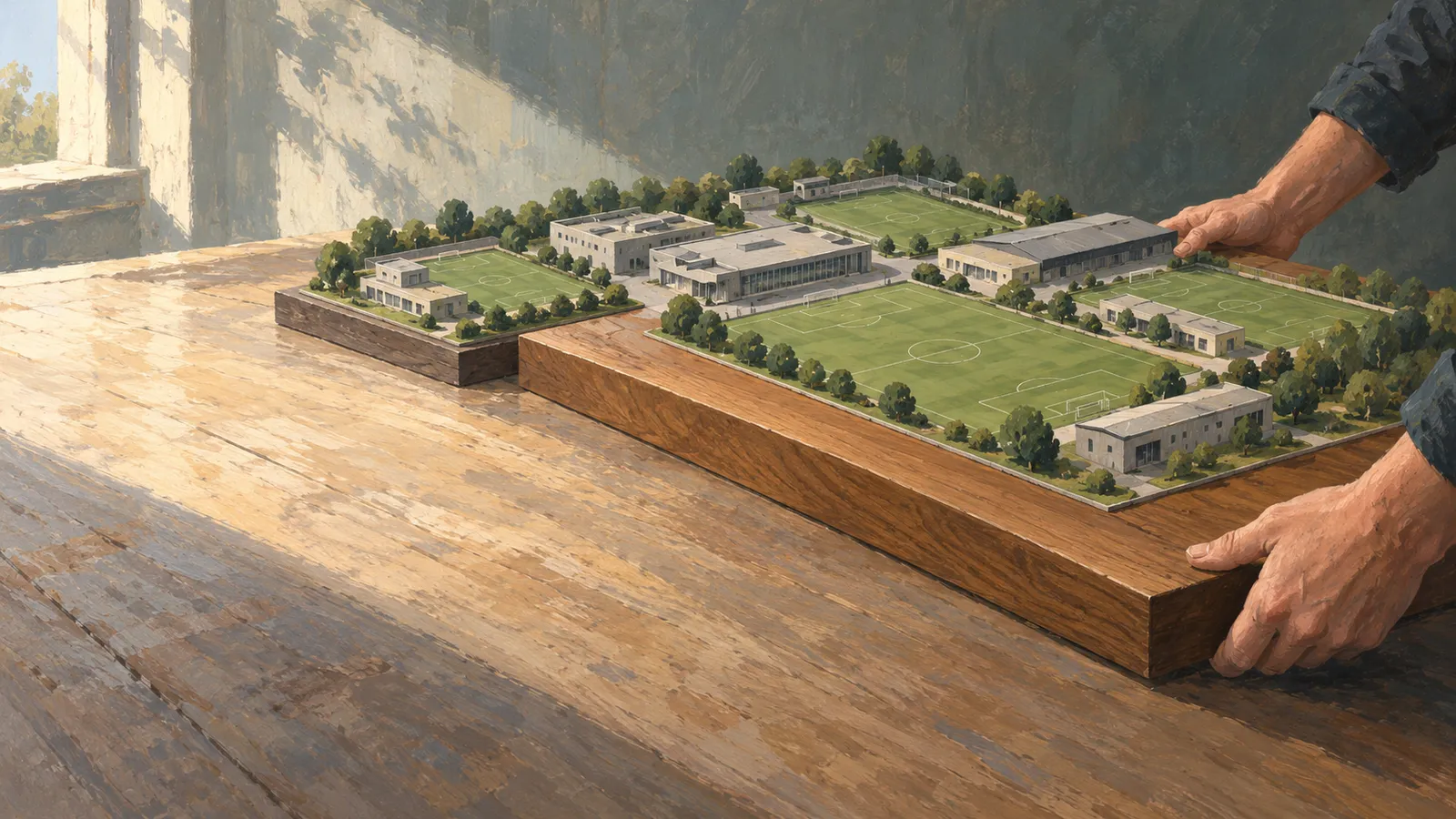 An illustration of hands holding a wooden scale model of a football complex, with several pitches, low buildings and trees on a sunlit table. SI illustration