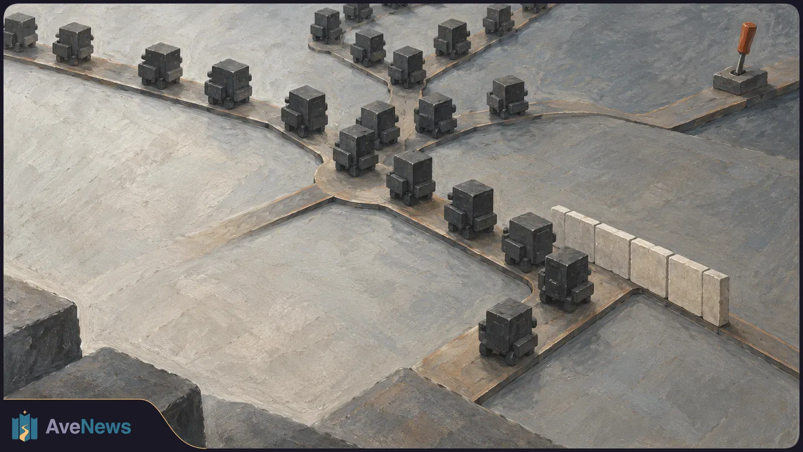 Isometric illustration of small dark wheeled blocks on branching paths, with a white barrier across one path and a lever at the upper right. SI illustration