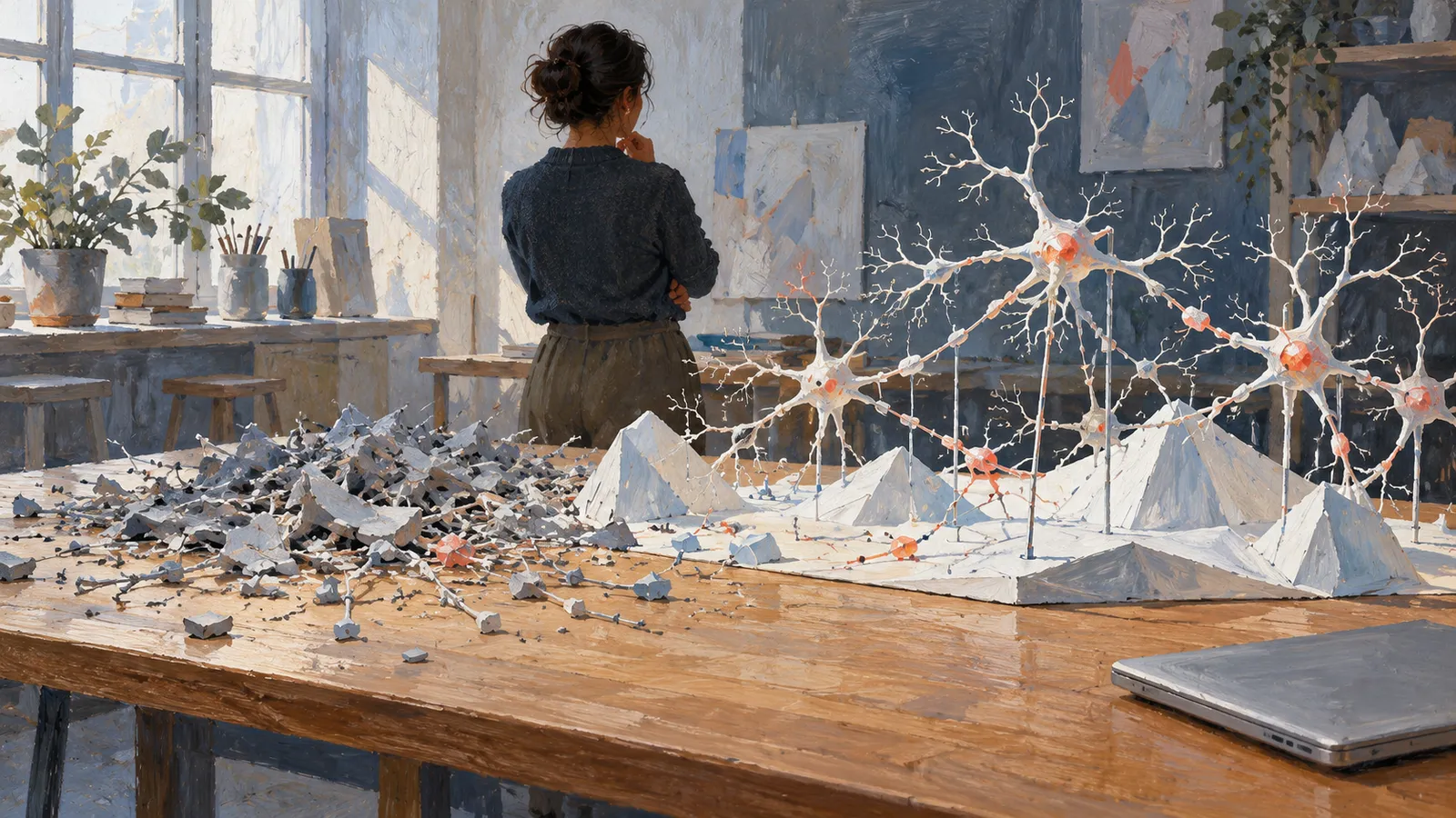 A painted studio scene shows a woman facing away from a table with a branching neuron-like model, white peaks, scattered fragments and a closed laptop. SI illustration