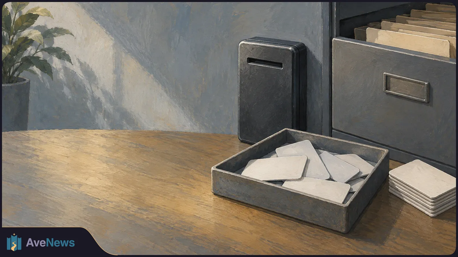 Illustration of blank cards in a metal tray on a wooden desk, beside a filing cabinet with an open drawer of folders and a potted plant. SI illustration