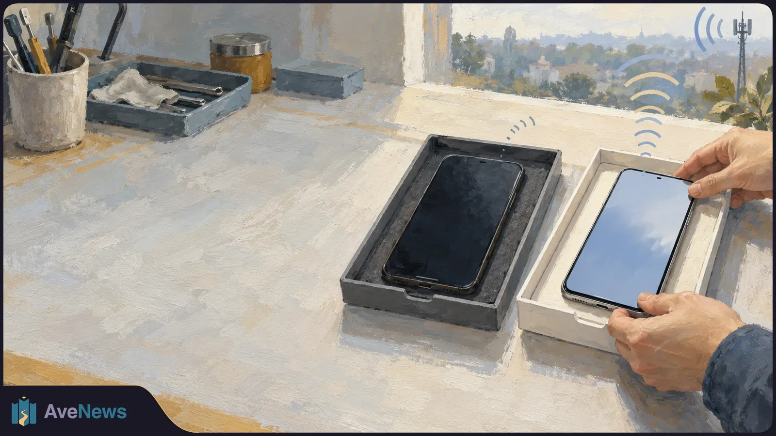 Painted workbench scene with two phones in trays, hands holding one, repair tools to the left, and a cell tower and wireless-signal arcs beyond the window. SI illustration