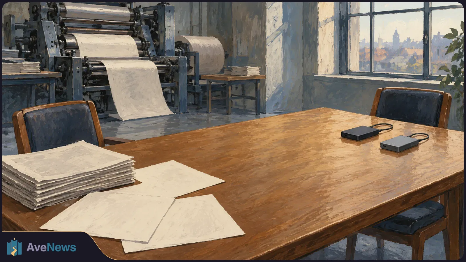 Painted illustration of a printing press beside a wooden table with blank papers, two small cabled devices and empty chairs by a window. SI illustration