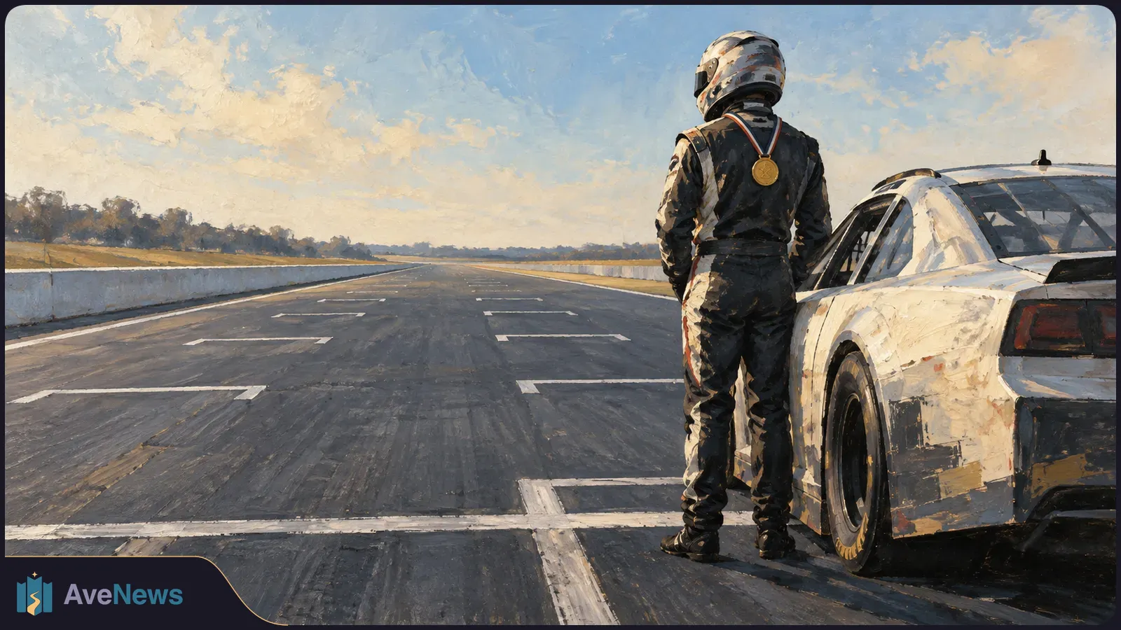 Painted scene of a helmeted racer wearing a gold medal beside a white race car on an empty track under a cloudy sky. SI illustration