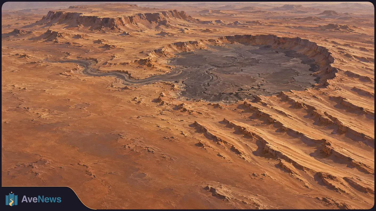 Aerial view of a reddish desert landscape with a broad dark basin, winding channels, long rocky ridges and flat-topped mesas in the distance. SI illustration