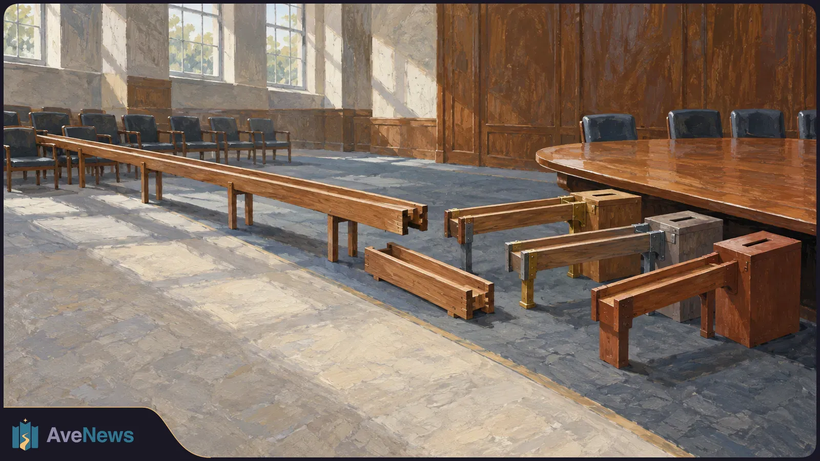 In a sunlit, wood-paneled meeting room, empty chairs face a large table while disconnected wooden rails and barriers stand across the floor. SI illustration