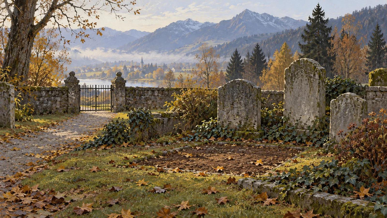 Illustration of weathered gravestones in an autumn cemetery, with a stone wall and gate overlooking a lake, village and mountains. SI illustration