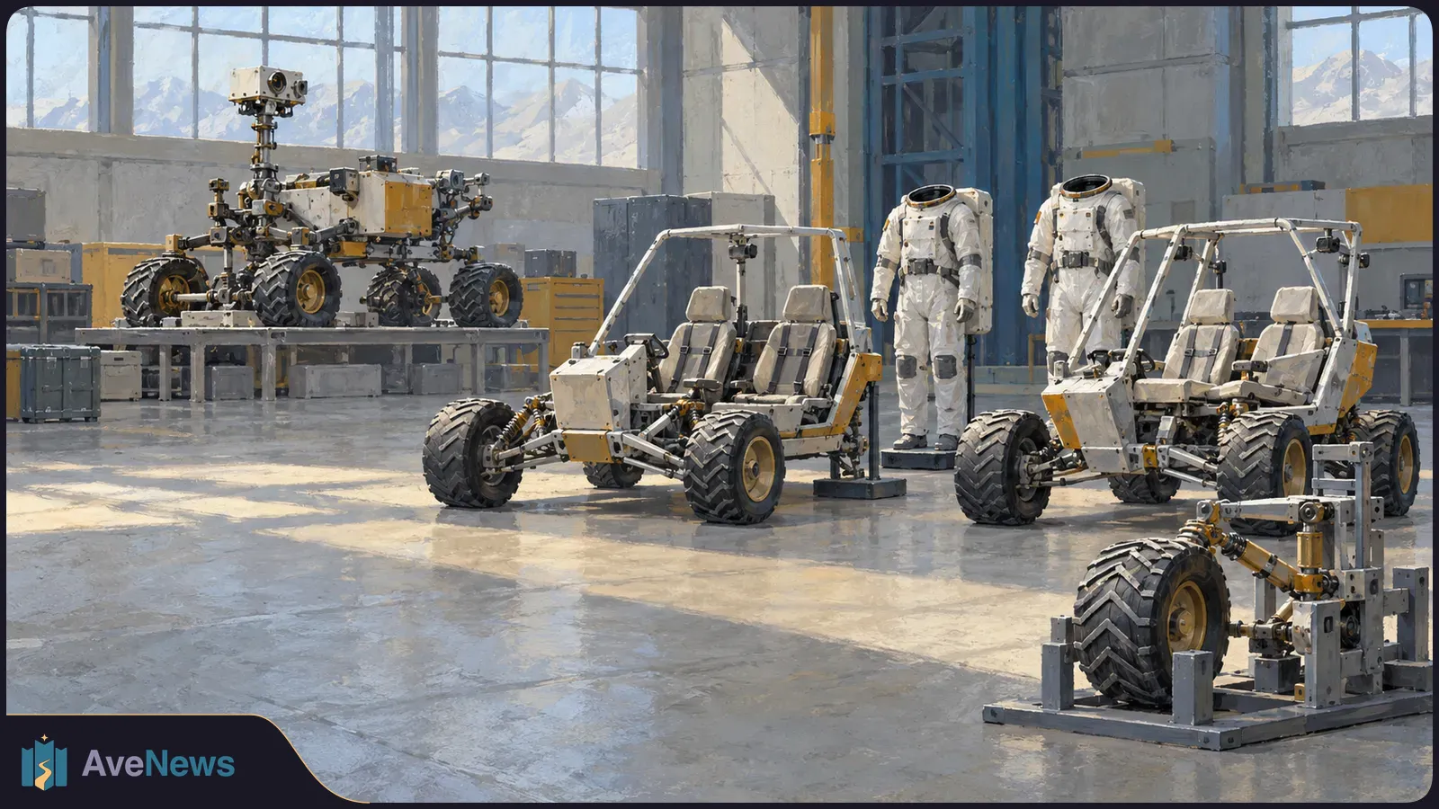 Illustration of a six-wheeled rover, two open-seat vehicles and two empty spacesuits in a large workshop, with a wheel assembly in the foreground. SI illustration