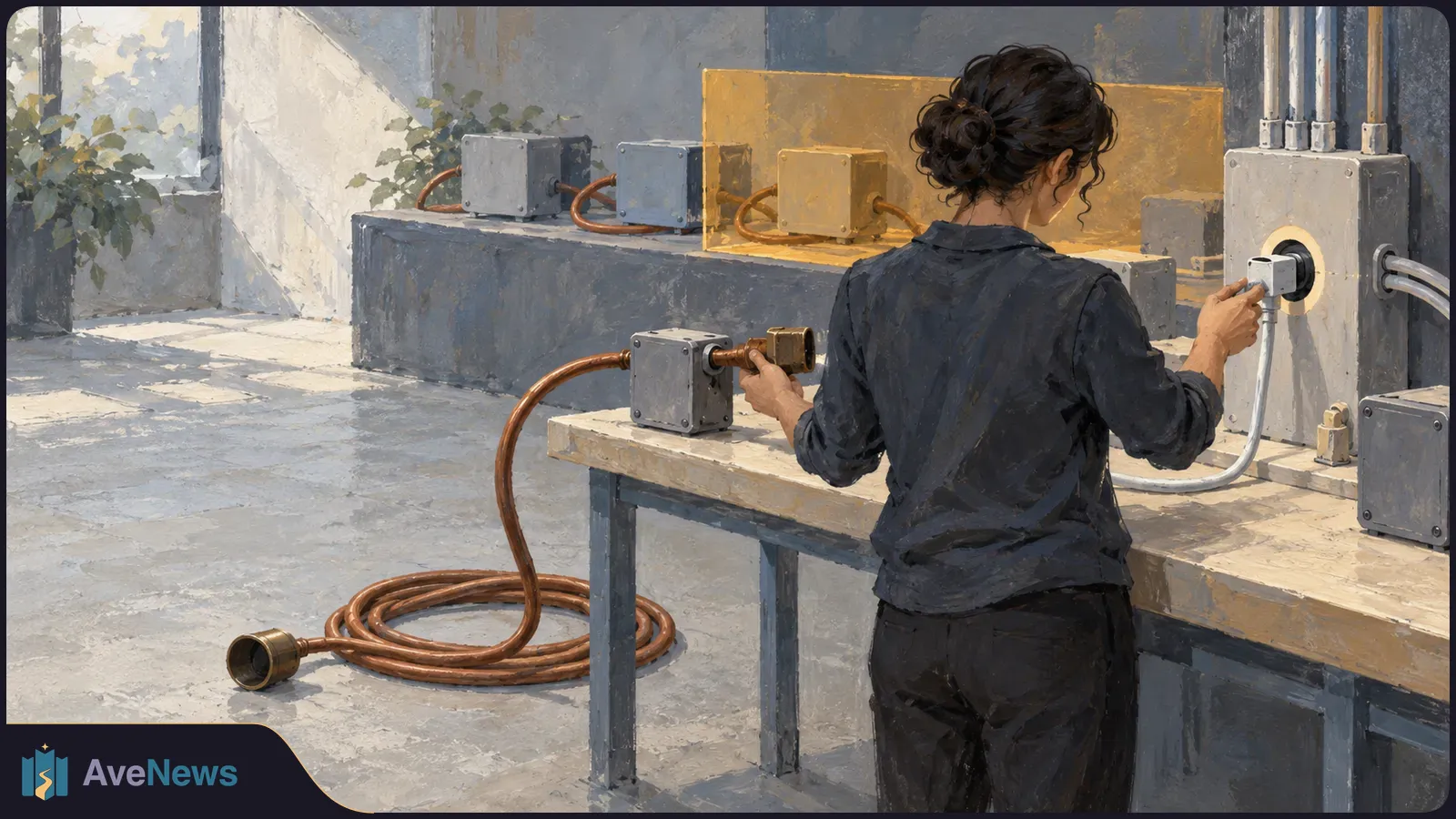Illustration of a woman working with cables and gray electrical boxes on a workbench; a copper cable lies coiled on the floor. SI illustration