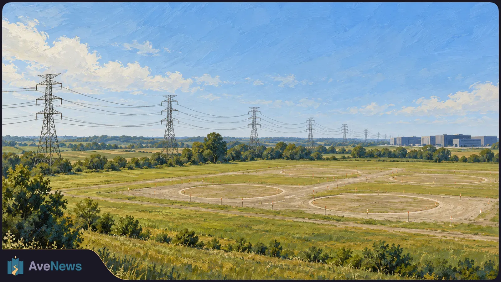 Painted landscape with power lines crossing grassy fields, circular dirt tracks in the foreground, and large buildings on the distant horizon. SI illustration