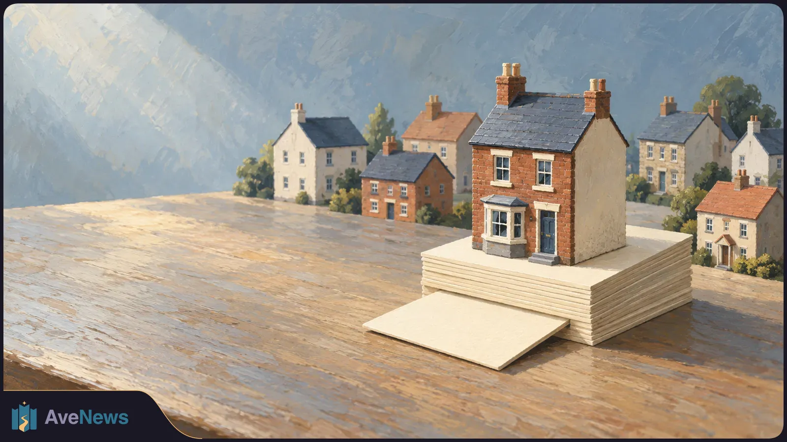 A small brick house sits on a stack of blank sheets on a wooden table, with other houses in the painted background. SI illustration